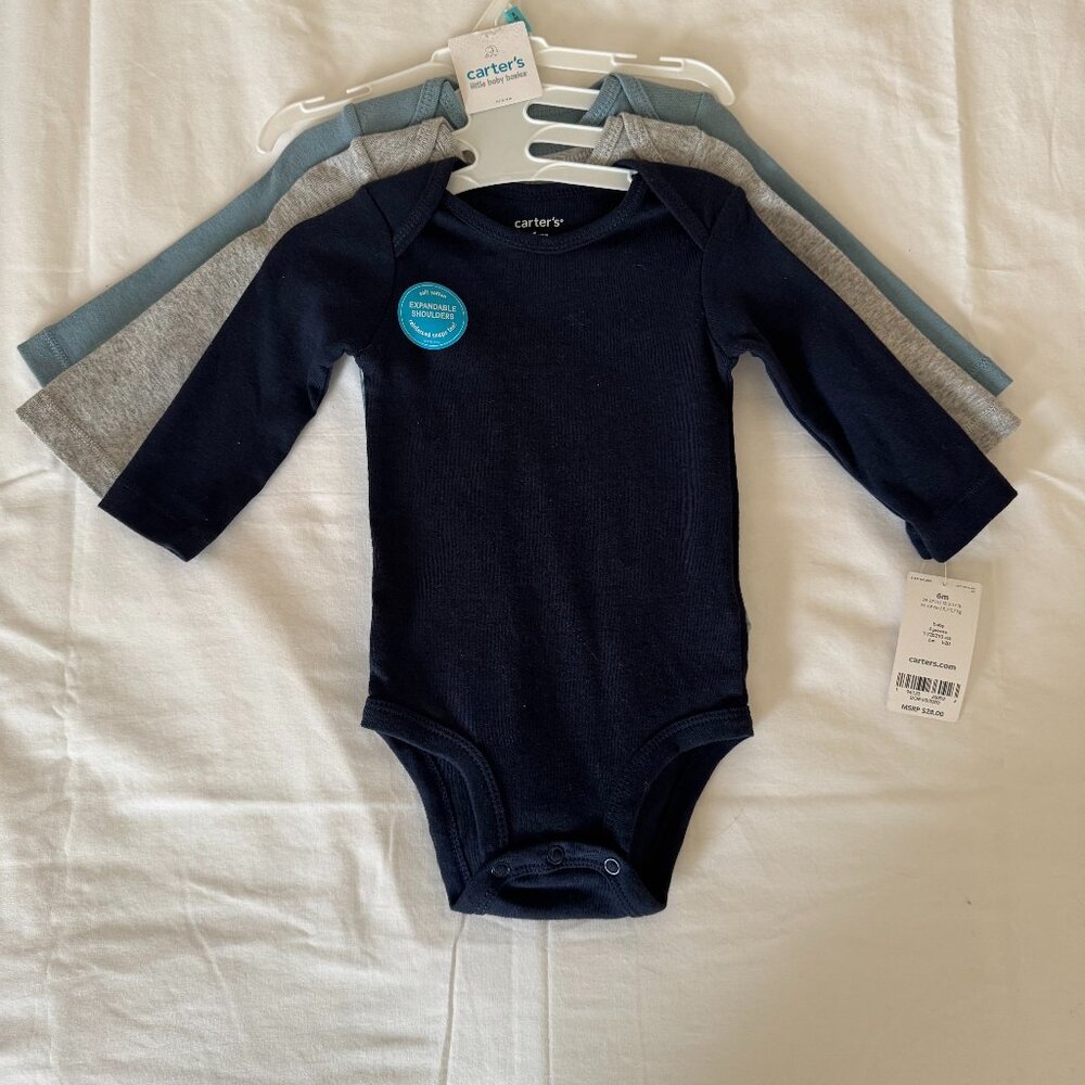 NWT Carter's 6 months 3-piece light blue, dark blue, grey long sleeve onesies